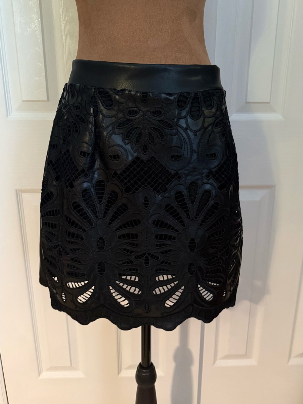 Black Faux Leather Lace-Detail Mini Skirt